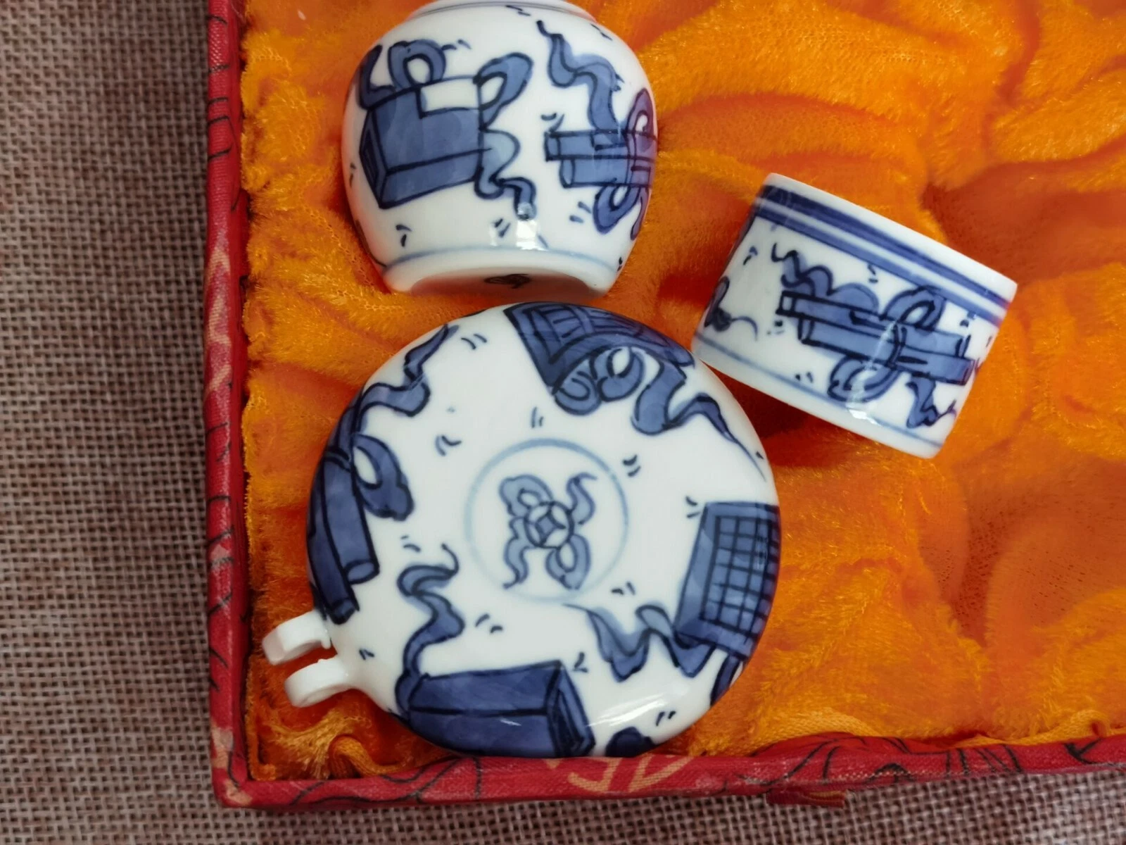 1set 3pcs Asian Bamboo Bird Cage blue and white porcelain cups 青花瓷鸟食杯 003