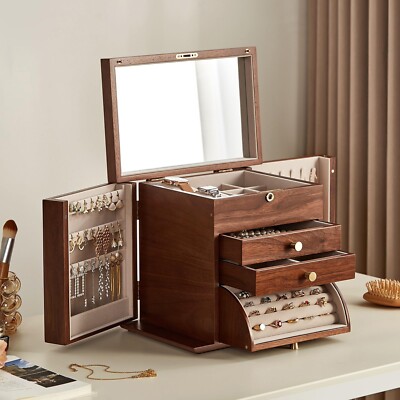 Black Walnut Wooden Jewelry Box, 4 Layer Wood Jewelry Organizer with 2 Side D...