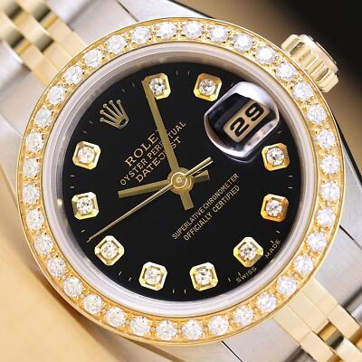 Rolex Damen Datejust 79173 Schwarzes Zifferblatt 18K Gold Stahl Zwei Diamant Uhr