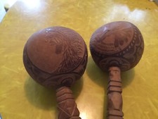 Maracas Rattles Wooden Handles Hand Carved Shakers Lot Of 2, Different Sizes