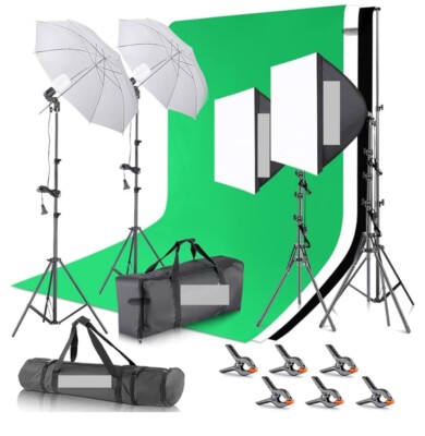 Photography Studio Lighting Kit, Soft-box, Reflectors, Backdrops
