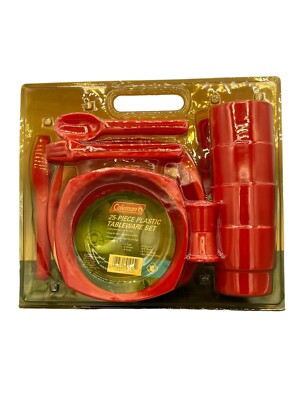 Coleman 25 Piece Thick Plastic Red Tableware Set For 4 Brand New Reusable