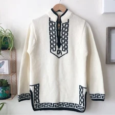 VTG 70s Carol Brent- Montgomery Ward Cheongsam Collar Geo Trim Mod Style Sweater