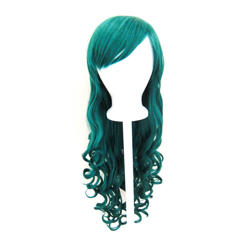 29'' Long Curly w/ Long Bangs Viridian Teal Blue Green Cosplay Wig NEW