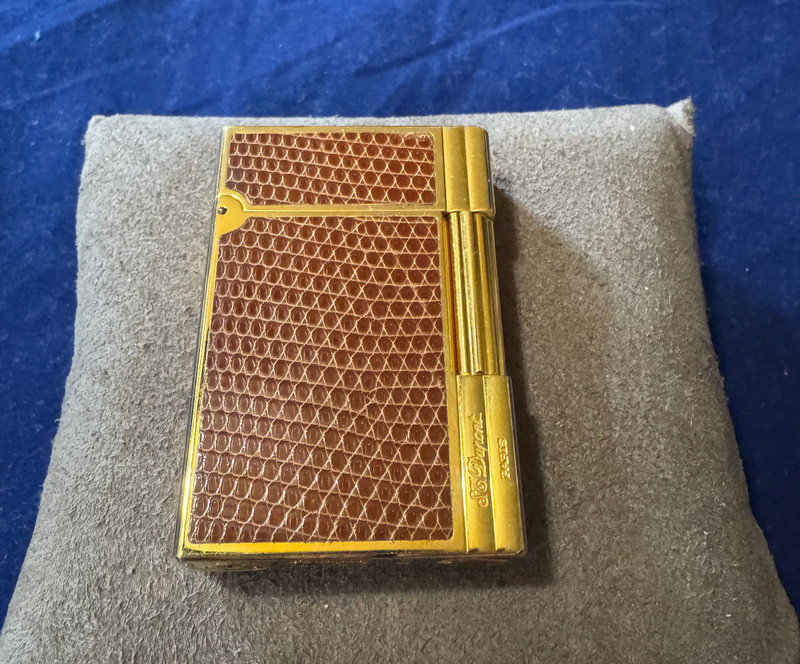 French ST. Dupont Paris 24k Finish Gatsby Gainerie Lezard Brown Lighter, Rare