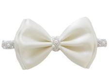 0-12 Newborn Baby Baptism Pearl Headband with Bow in WHITE Christening Headba...