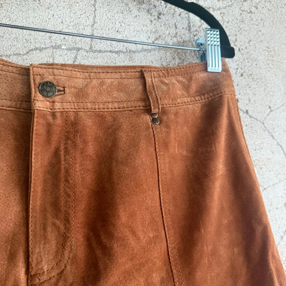 Falda de cuero gamuza para mujer 10 marrón línea A midi vintage Y2K boho vaquera occidental Foto 3 de 4