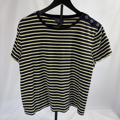 Chaps Classics Women XL Navy Yellow Striped Nautical Top Button Shoulder Cotton