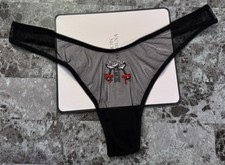 NWT VICTORIA'S SECRET BLACK MESH COCKTAIL CHEERS RED BOW HIGH LEG THONG PANTIES