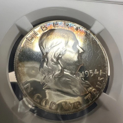 🌈Rainbow Toned 1954 Franklin Proof Half $ ~Magenta, Cobalt, Orange~