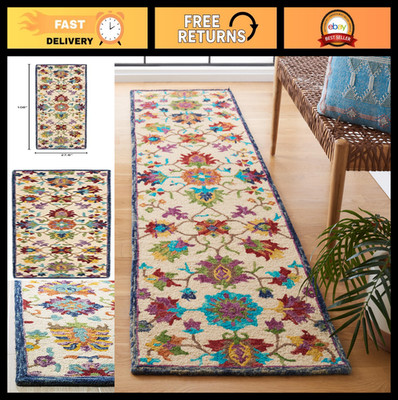 Handmade Boho Floral Runner Rug 2'3'' x 9', Ivory & Blue, Wool, High Traffic Area