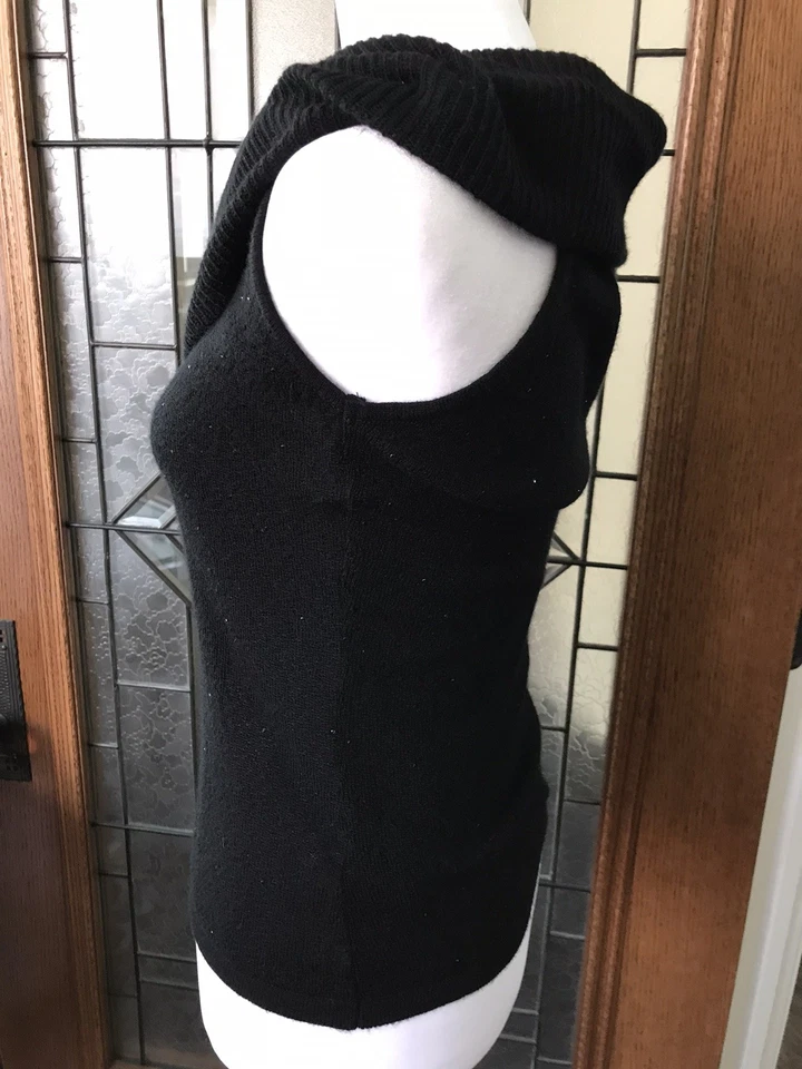Top de cóctel Carmen Marc Valvo Signature mezcla de cachemir/seda negro capucha cuello LRG Foto 4 de 4