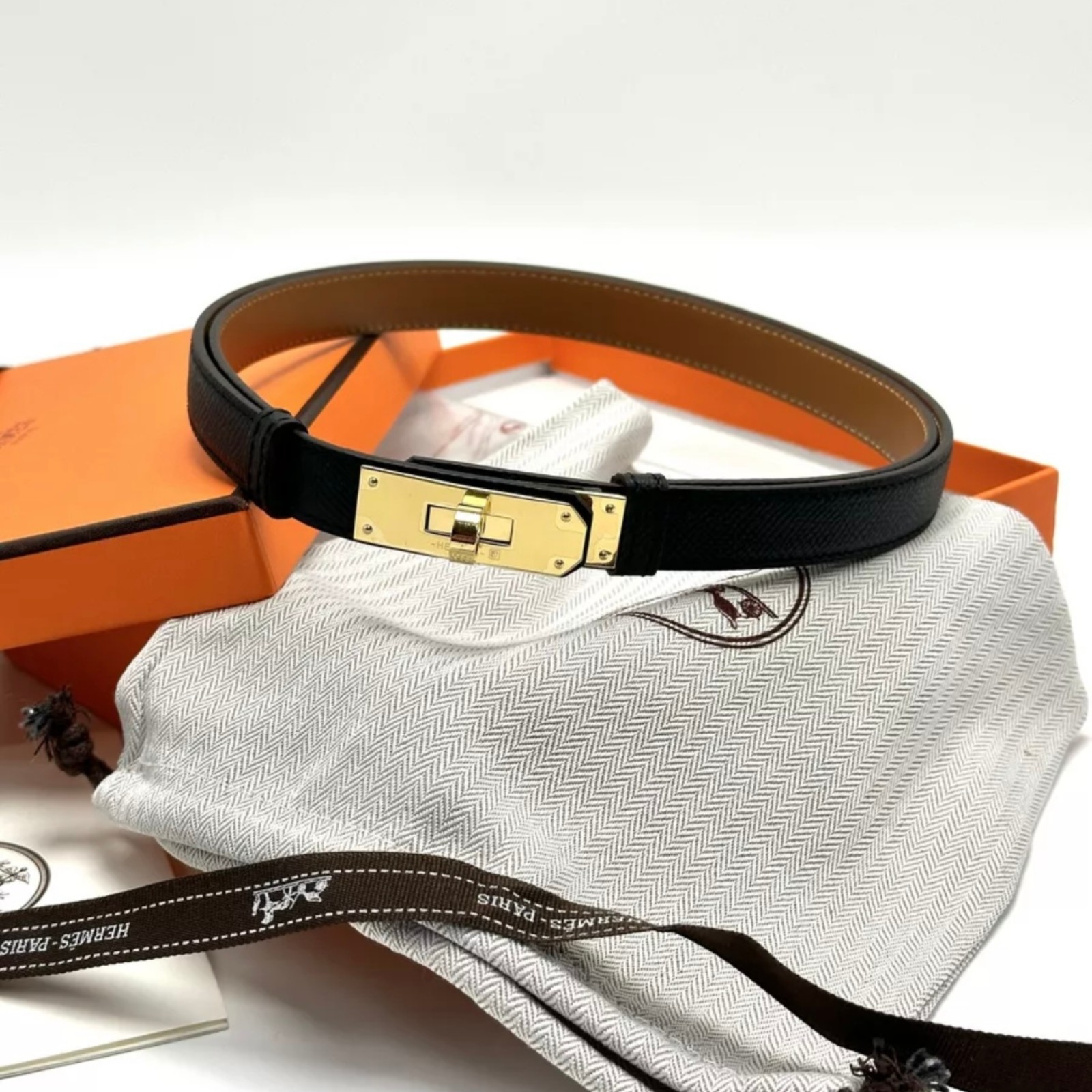 Hermes Kelly Belt Adjustable Size black Color - Gold Hardware
