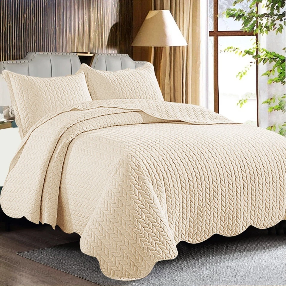 3 Piece Quilted Bedspread Bed Throw Single Double King Size Embossed Bedding Set - Image 4 of 4