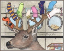 Dave the Deer who loves warm laundry and collects socks, cards/prints Item 0768