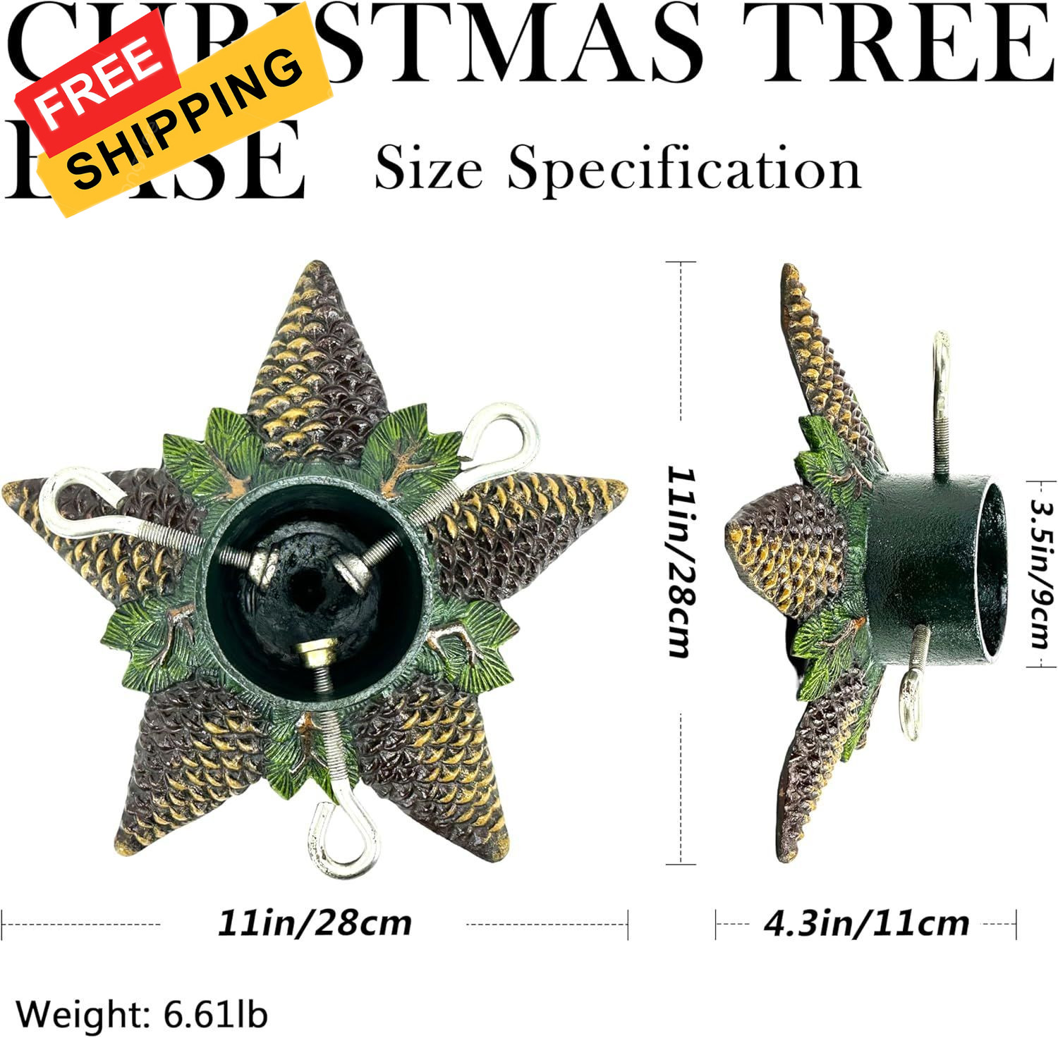 Christmas Tree Stand for Real Trees, Cast Iron Artificial Pinecone 