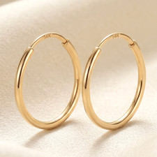 Pendientes de aro redondos sin fin de oro amarillo sólido real de 14K 1 mm tubo aros pendientes