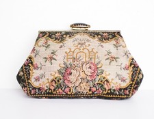 Vintage Floral Tapestry Clutch Bag Gold Frame Black Cabochon Top Handle