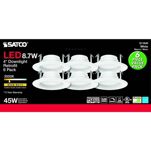 6Pk - Satco 8.7w LED 4-in 3000K Warm White Downlight Retrofit - Picture 2 of 7