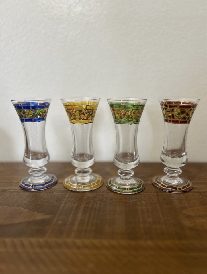 Rare Nualart Spain hand-painted art glass with gilt enamel mosaic detailing — the kind of artisan glassware that belongs in a museum vitrine, not a charity shop.