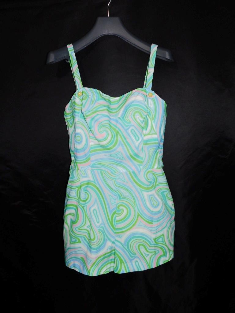 Vtg 60s Gabar XS Green Pink Purple Romper Beach Swimsuit One Piece Psychedelic