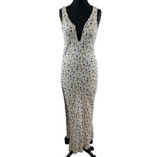 Women's White Blue Green Floral Split Neck Sleeveless Body Hugging Maxi Dress
