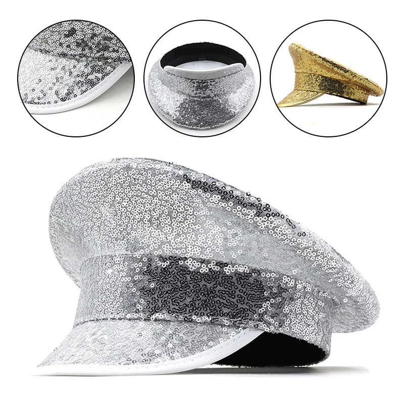 Hot Unisex Shiny Sequin Hat Cortical Police Cap Party Costume Cosplay Prom - Image 4 of 4