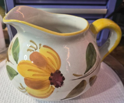 Vintage FTD Italy Hand Painted Ceramic Pitcher Yellow Floral Flower Vase