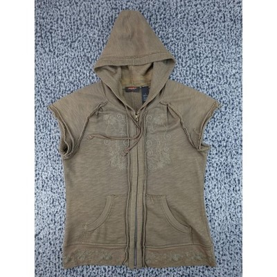 DKNY Active Sleeveless Hoodie Womens Medium Brown Floral Embroidered Zip Up