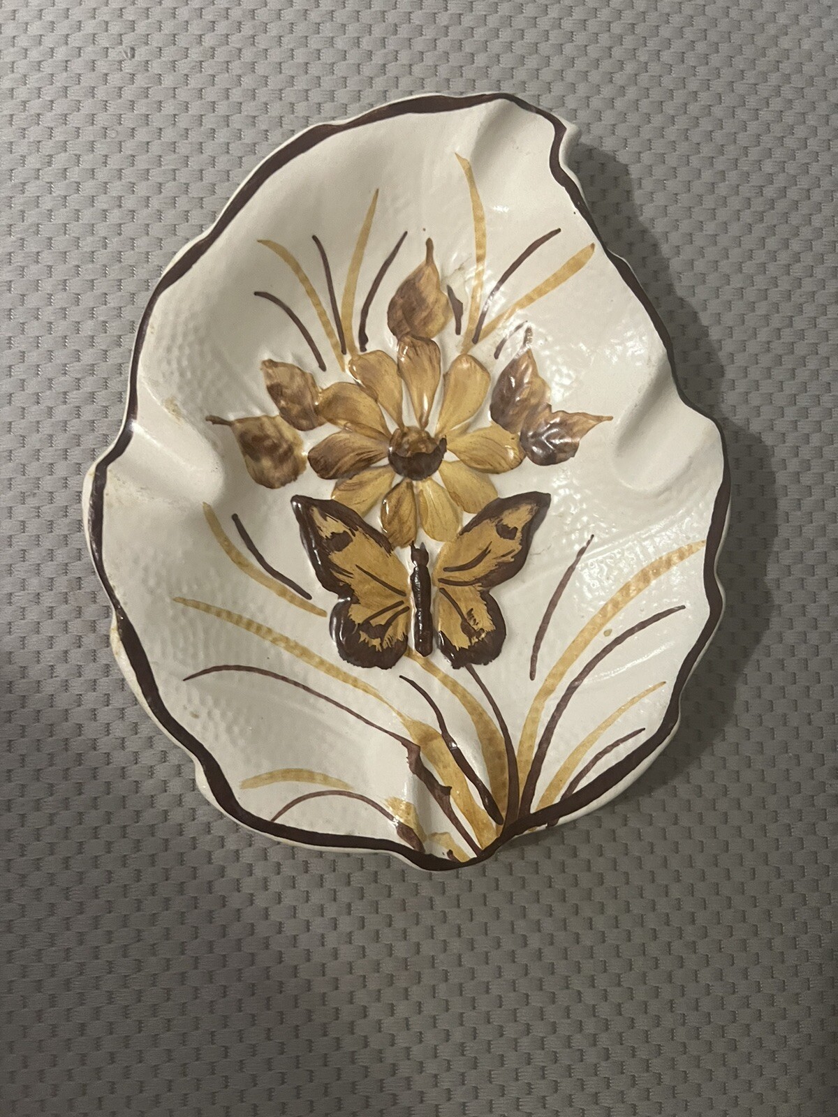 Ceramic Table Ashtray, Daisy Flower, Butterfly ,Hand Painted, Made in Brazil