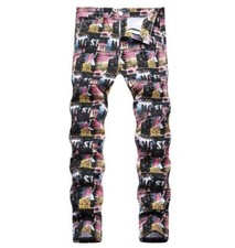 Men's Floral Printed Straight Leg Denim Jeans Stretch Casual Pants Trousers Punk