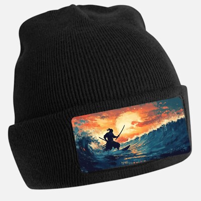 Unisex Cotton Samurai Surfing Theme Black Beanie Hat