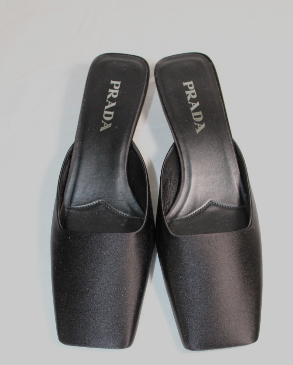 NWOB PRADA Modellerie Satin Mules Logo Kitten Heel Pumps Black 38