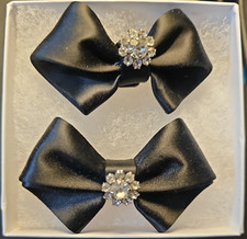 Collectible Shoe Clip Set 2 Black Ribbon Clear Rhinestones 3 x 1 3/4" NICE