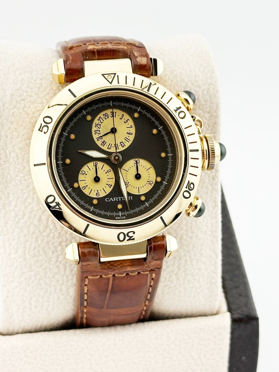 Cartier Pasha 1353 Chronograph Grey Dial 18K Yellow Gold Leather