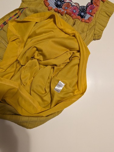 THML Boho Pom Pom Shift Mini Dress Flutter Sleeve Mustard Yellow Embroidered XS - Picture 7 of 9