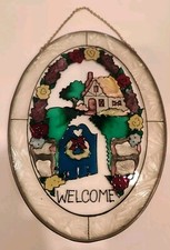 Vtg Stained Glass Suncatcher Welcome Cottage Home Oval W/ Chain Hanger Ex Cond