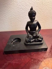 Buddha Statue Zen Tealight Candle Holder IResin & Wood 6" Decor