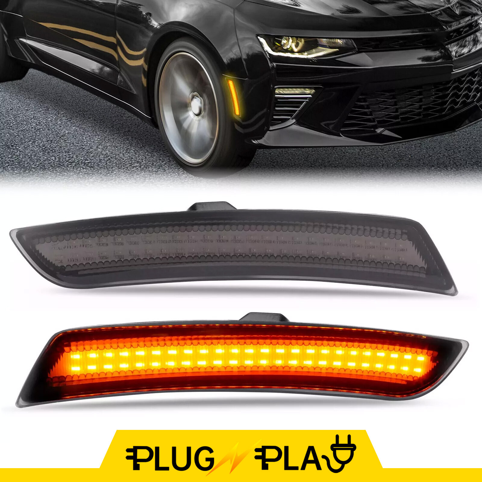 Smoked LED Side Marker Bumper Lights Amber for Chevy Camaro 2016-2024