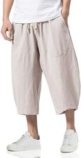 Men Harem Pants Baggy 3/4 Capri Trousers Casual Bottoms Cotton Linen Shorts New