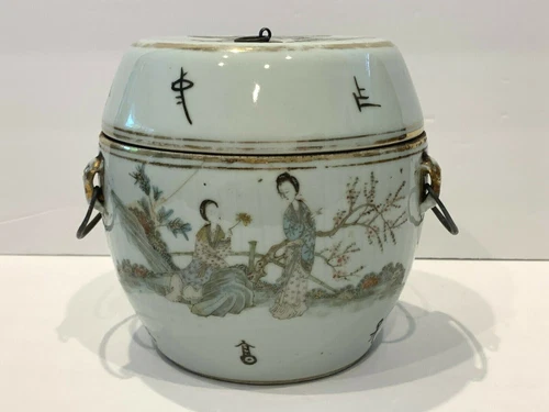 Chinese Guangxu Famille Rose Hand Painted Dated Figural Calligraphy Covered Bowl