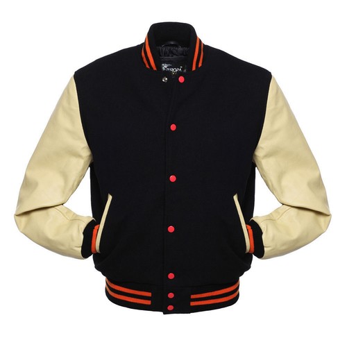 Top Quality Varsity Letterman Black Wool Jacket with Cream Leather Sleeve XS-4XL - Picture 4 of 6