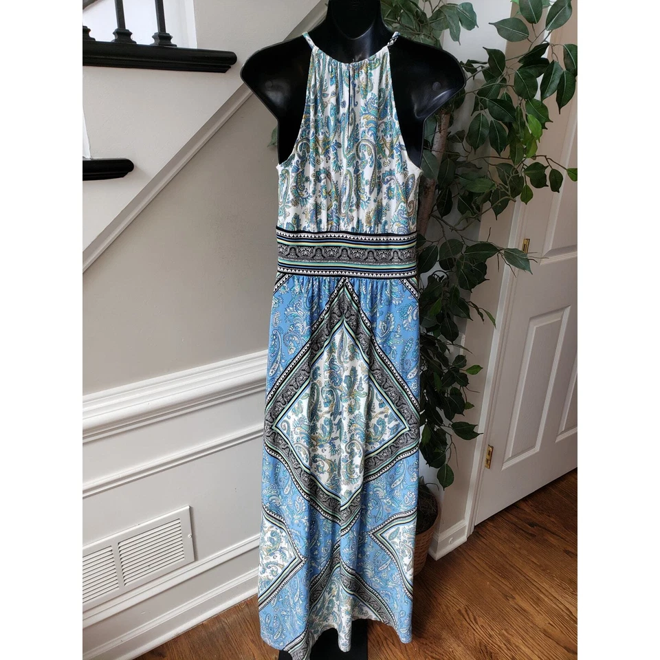 London Times длиной макси платье женщин размер 6 синий и бежевый круглый вырез без рукавов - Изображение 4 из 4