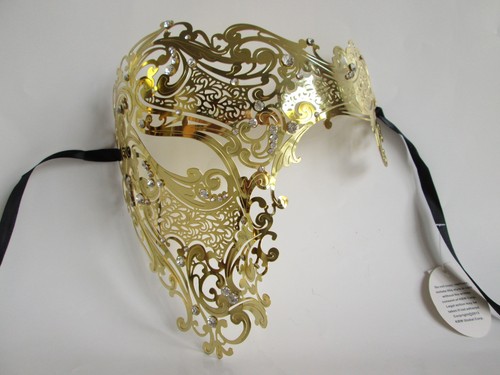 LASER CUT SKULL EVIL VENETIAN MASQUERADE MARDI GRAS HALF MASK RHINESTONE METAL - Picture 3 of 5