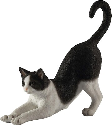 Black And White Polystone Adorable Cat Stretching Figurine