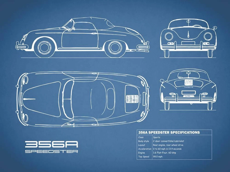 Poster - Porsche 356A Speedster Blueprint, Retro Patent, 3 Sizes - Image 2 of 4