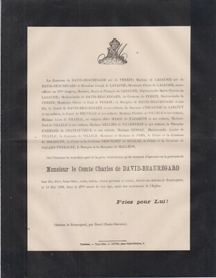 1889 Sterbeurkunde Charles de DAVID-BEAUREGARD - Revel (Haute-Garonne).
