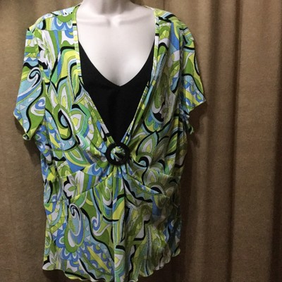 Women S Plus 22 24 Shirt Blouse Green Yellow Short Sleeves Dress