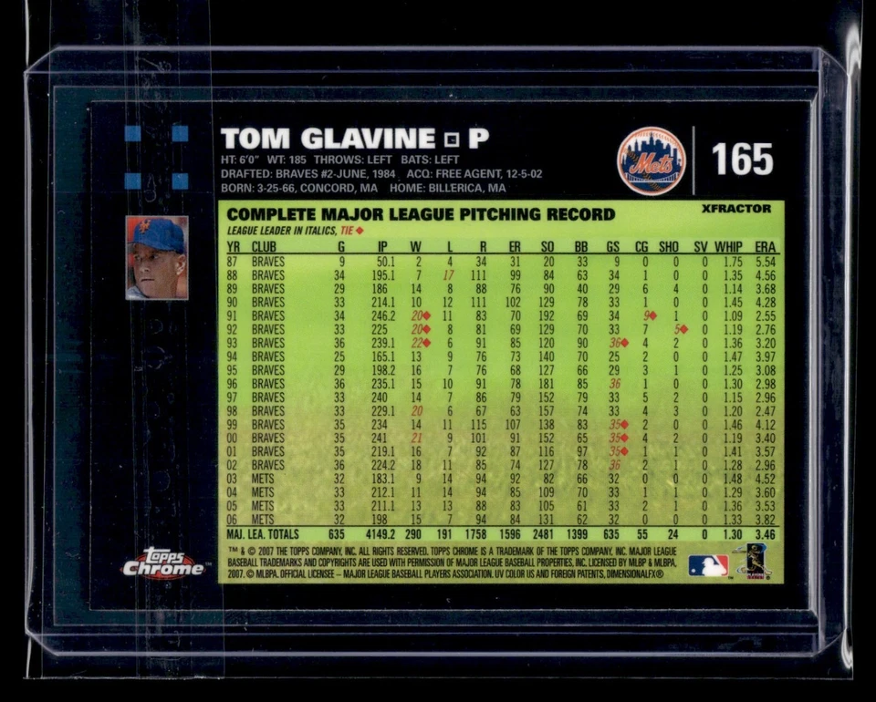 2007 Topps Chrome Xfractor #165 Tom Glavine Mets HOF - Image 2 of 2