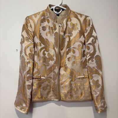 Linda Allard Ellen Tracy Gold Paisley Blazer 100% Silk Linking Size 4P Petite